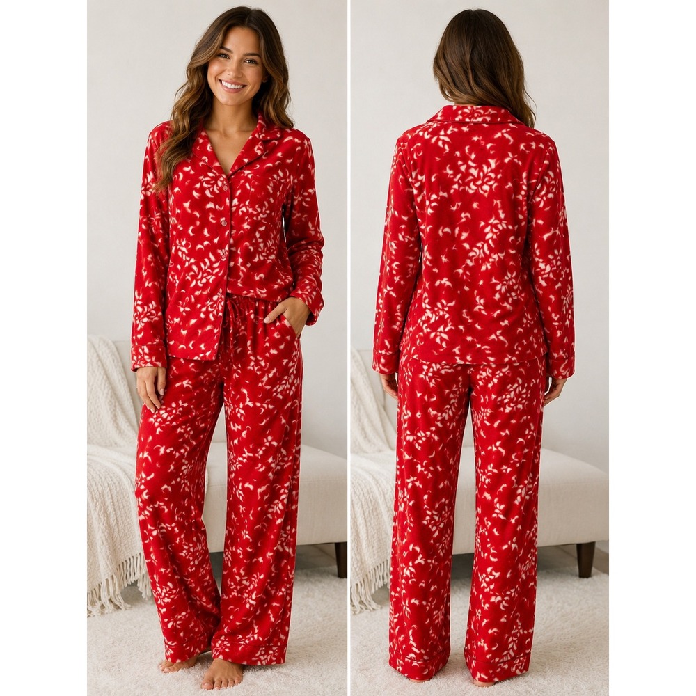 Victoria's Secret Red White Feather Print Pajama Set‎ M Sleepwear Loungewear